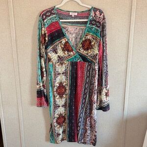 Boho Patchwork Dress XL Bell Sleeve Luv2Luv Southwestern Cottagecore Hippie